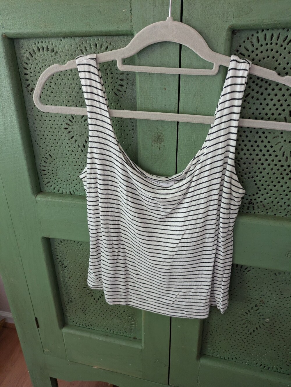 Striped White and Black Tank Top - Casual Women's Scoop Neck